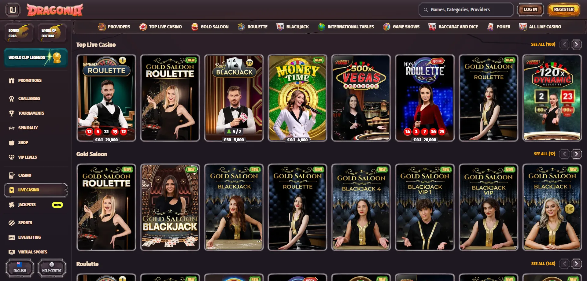 Dragonia Casino live dealer tables powered by Evolution Gaming
